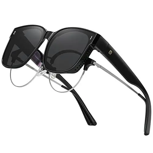 Produktbild: DUCO Fit über Sonnenbrille für Männer Frauen tragen über Brille Retro Wrap Around polarisierte Sonnenbrille UV400 Schutz (B-Schwarz Rahmen Grau Linse)