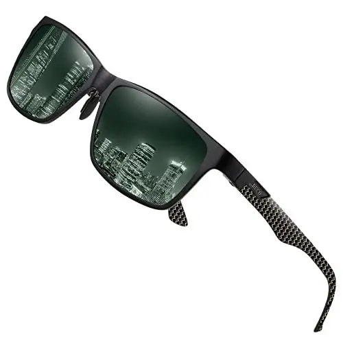 Produktbild: DUCO Herren Polarisierte Sonnenbrille mit Rechteckig Metallrahmen und Kohlefaser Brille Beine UV400 CAT 3 8206 (Schwarz-Gold-Tempel, Dark Green Linse)