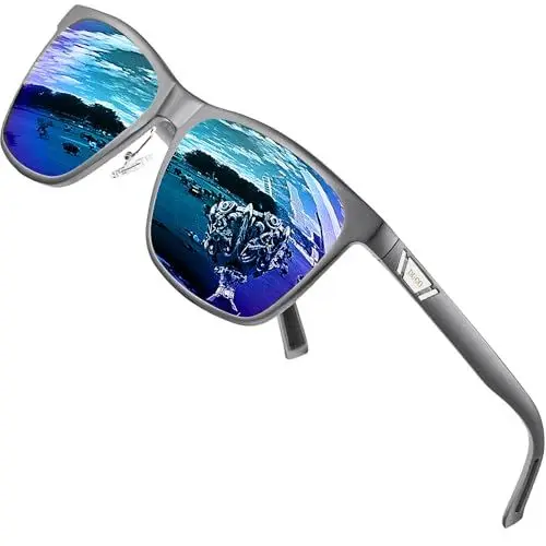 Produktbild: DUCO Polarisiert Sonnenbrille für Herren mit UV400 Schutz Retro Rechteckig Rahmen Ultraleichte Metallrahmen Brillengläser Fahrerbrille Sportsonnenbrille 3029H (Silber Rahmen Blau Linse)