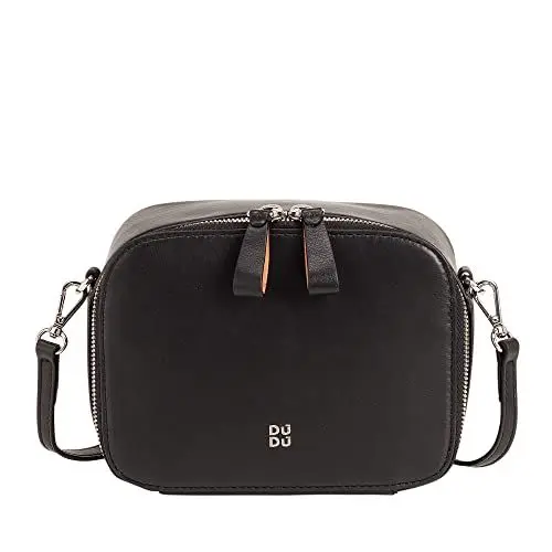 Produktbild: DUDU Damen Umhängetasche aus Leder, Kamera Bag mit doppeltem Schulterriemen, Reißverschluss, Elegante kompakte Designtasche Schwarz
