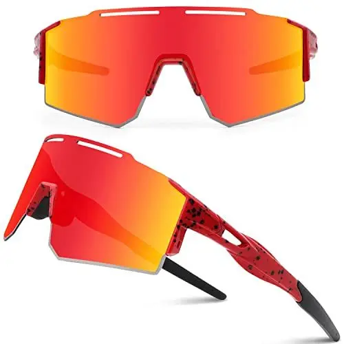 Produktbild: DUDUKING Sonnenbrille Fahrradbrille Herren Damen,Wassertransferdruck Sportbrillen Radsport Brillen für Outdoorsport Radfahren Laufen Golf UV 400 Schutz Baseball Brille (Rot)