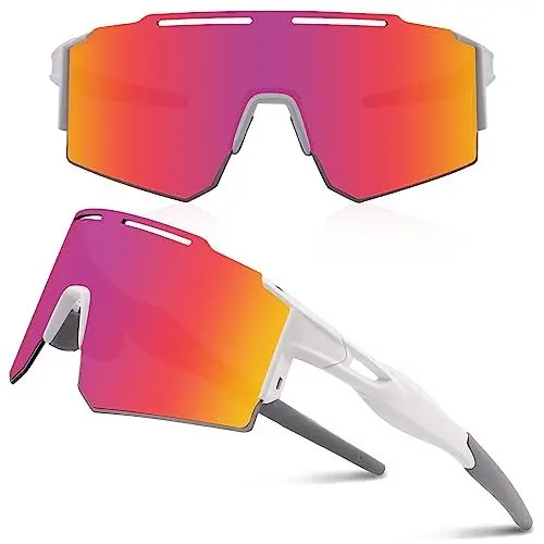 Produktbild: DUDUKING Sonnenbrille Fahrradbrille Herren Damen,Wassertransferdruck Sportbrillen Radsport Brillen für Outdoorsport Radfahren Laufen Golf UV 400 Schutz Baseball Brille (Weiß Rot)