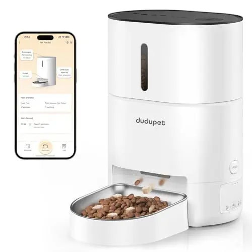 Produktbild: DUDUPET Futterautomat Katze - 4L Automatischer Futterspender Katze mit 2.4G WiFi-Fernbedienung, duale Stromversorgung, 10 Sekunden Sprachaufzeichnung, Edelstahlnapf