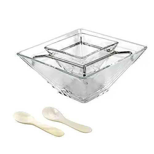 Produktbild: DUEBEL Glas Kaviar Kühler Server Set Plus 2 Stück x Perlmutt Kaviar Löffel für Kaviar Servieren, Garnelen Servieren, Cocktail Servieren