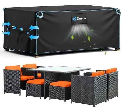 Produktbild: Duerer Abdeckung Gartenmöbel winterfest 170x94x70cm Gartentisch Abdeckung Abdeckplane Gartenmöbel 420D Oxford Gewebe Schutzhülle Wasserdicht für Outdoor Gartentische Rechteckig, Anti-UV