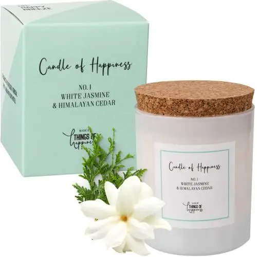 Produktbild: Duftkerze Jasmin Zedernholz | Kerze im Glas weiss mit Korkdeckel und Geschenkverpackung | Vegane Sojawachs Kerze | Geschenk Weihnachten Frau | Grosse Kerze 230g Brenndauer 50h