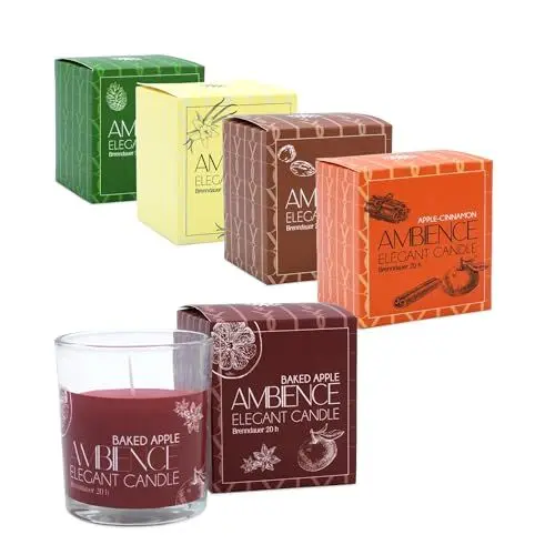 Produktbild: Duftkerze im Glas mit 5 verschiedenen Weihnachts Düften - 5er Set - Winterduft Aromakerze 8 x 7 cm mit 20 Stunden Brenndauer - Weihnachten Advent Winter Stimmungskerze Aromatherapie Nikolaus Geschenk