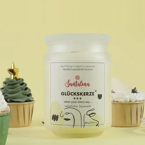 Produktbild: Glückskerze – Duftkerze mit zufälliger Botschaft | Vanilla Cupcake & Coconut Duftkerze, Große Duftkerze aus Sojawachs im Glas, Scented Candle Gift 450g, ca. 45 Std