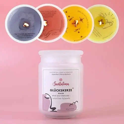 Produktbild: Glückskerze – Duftkerze mit zufälliger Botschaft im Wachs I Japanese Cherry Blossom I Große Sojawachs Duftkerze im Glas I Scented Candle Gift Brenndauer bis zu 45 Std.