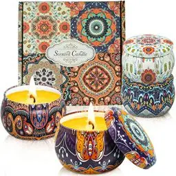 Produktbild: Duftkerzen Aromatherapie-Geschenk-Set: Rose Lavendel Vanille Jasmin für Damen 4 Stück große Größe natürliches Wachs Reisedose Duft Stressabbau Aroma Zuhause Bad Spa Yoga Kerze Geschenk für Frauen
