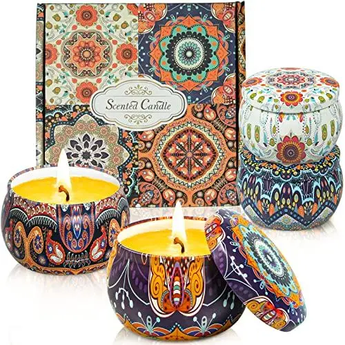 Produktbild: Duftkerzen Aromatherapie-Geschenk-Set: Rose Lavendel Vanille Jasmin für Damen 4 Stück große Größe natürliches Wachs Reisedose Duft Stressabbau Aroma Zuhause Bad Spa Yoga Kerze Geschenk für Frauen