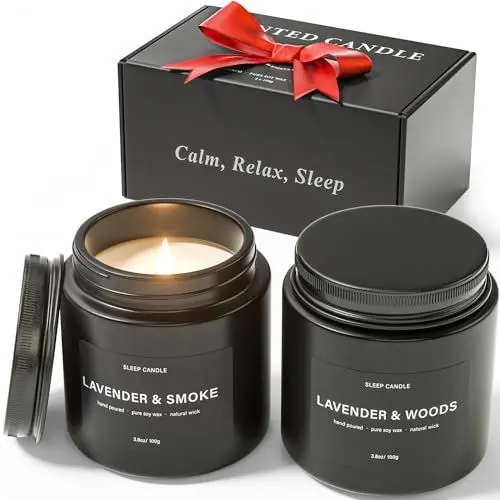 Produktbild: Duftkerzen im Glas Geschenkset - Beruhigende Lavendelkerze mit Holz- und Rauchduft - 60 Stunden Duftkerze, Sorgfältig verpackt - Perfektes Kerzen Set als Geschenk für Frauen und Männer.