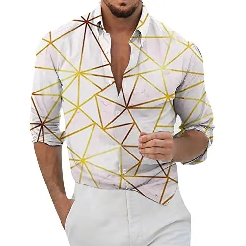 Produktbild: DUHGBNE Herren Hemd Freizeithemd Regular Fit Lässiges Herrenhemd Mit Lockerem Geometrischem Druck Langen Ärmeln Knöpfen Port Stil Blumenhemd Strand Hawaiianer Sommertop Patchwork Hemd Must Haves