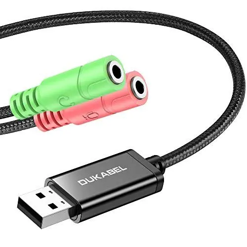 Produktbild: DuKabel Headset USB Adapter 1,2m für Computer, Laptop und PS4, A Stecker auf 2X 3,5mm TRS Klinke Buchse USB Soundkarte für Kopfhörer, Lautsprecher und 3 Pole TRS Mikrofon - Schwarz