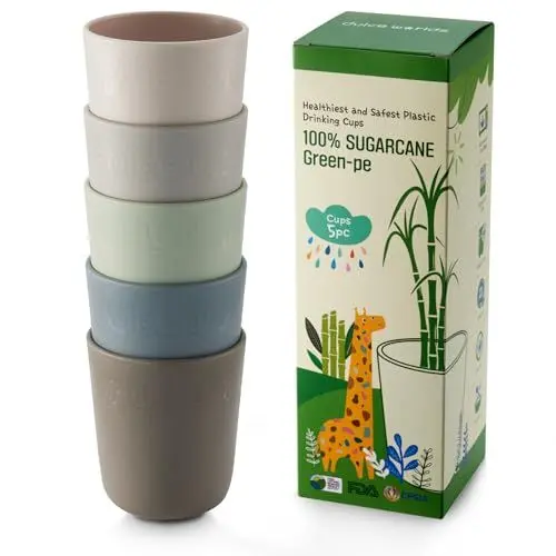 Produktbild: Dulce Worlds BIO ZUCKERROHR Kleinkindbecher 300 ml, 5 Stück - LFGB & USDA Zertifizierter Kinderbecher - BPA Frei - Spülmaschinenfest, Wiederverwendbar, Unzerbrechlich – Graublau