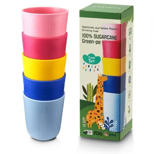 Produktbild: Dulce Worlds BIO ZUCKERROHR Kleinkindbecher 300 ml, 5 Stück - LFGB & USDA Zertifizierter Kinderbecher - BPA Frei - Spülmaschinenfest, Wiederverwendbar, Unzerbrechlich – Multi