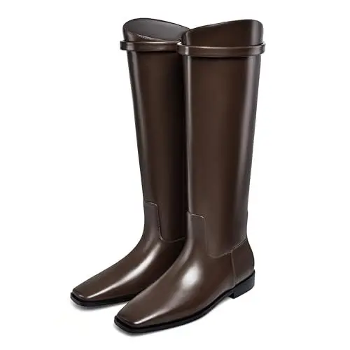 Produktbild: Dumjey Kniehohe Stiefel, flache Damenstiefel, quadratische Zehenpartie, lange Blockabsatz, kniehohe mit hinteren Reißverschlüssen-39 EU Braun