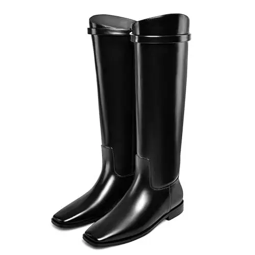 Produktbild: Dumjey Kniehohe Stiefel, flache Damenstiefel, quadratische Zehenpartie, lange Blockabsatz, kniehohe mit hinteren Reißverschlüssen-39 EU Schwarz