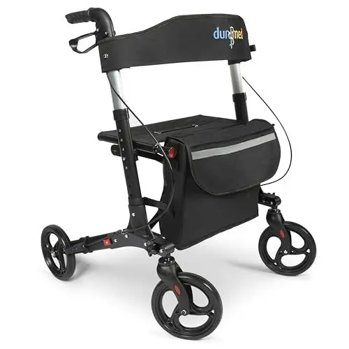 Produktbild: Dunimed Leichtgewicht Faltbarer Rollator - Einfach Faltbar für Kofferraum klappbar Reise - Höhe verstellbar - Inklusive praktischer Tasche unter dem Sitz - Gehwagen - Laufhilfe - Gehhilfe - Schwarz