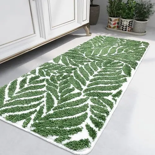 Produktbild: Dunkelgrünes Blatt Badezimmerläufer rutschfest, grüne Badezimmerdekoration, Langer Badezimmerteppich Runner, wasserabsorbierend, Badezimmerteppiche für Badewanne und Dusche, 60 x 150 cm