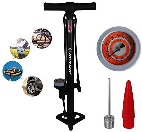 Produktbild: Dunlop SLP19 Standluftpumpe Luftpumpe mit Manometer,max Druck 11 BAR / 160 PSI, Standpumpe aus Aluminium 0,85kg Gewicht, Pumpe für alle Ventile, Fahrradpumpe Fahrradluftpumpe Ballpumpe, inkl Aufsätze