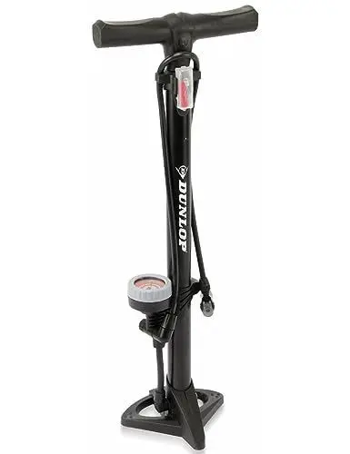 Produktbild: Dunlop Fahrradpumpe mit Manometer - Luftpumpe Fahrrad mit 2 Adaptern - für Alle Ventile - Dunlop, Presta und Schrader Ventil - Pumpe 11 Bar/160PSI - Kunststoff - Schwarz