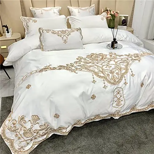 Produktbild: DUNSBY Bed Sheet Set 180X200 Cotton, Vierteiliges Spannbettlaken-Set aus Baumwolle, Bettbezug mit Seidenstickerei, 7.150 cm langes Bettlaken,Bettwäscheset
