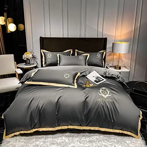 Produktbild: DUNSBY Bed Sheets, Vierteiliges Set aus langstapeliger Baumwolle, Fadenzahl 60, bestickte Bettwäsche, 3.150 cm langes Spannbettlaken,Bed Linen Set 180X200