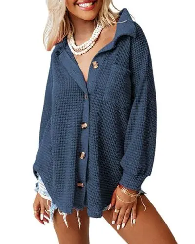 Produktbild: DUOEASE Bluse Damen Langarm Cardigan mit V-Ausschnitt Waffel Shirt Blusen locker Hemdjacke Shirts Lässiges Hemdbluse (Saphirblau XL)