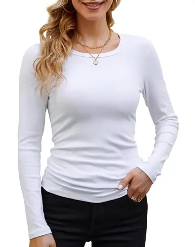 Produktbild: DUOEASE Langarmshirt Damen Weiß Rundhal Pullover Elegant Langarm Oberteile Rippshirt Tshirts Basic Tops Groß