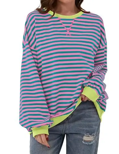 Produktbild: DUOEASE Oversize Pullover Damen 2024 Streifen Pullover Langarm Winter Rundhals Sweatshirt Y2K Oberteile(Grün-Rose,L)