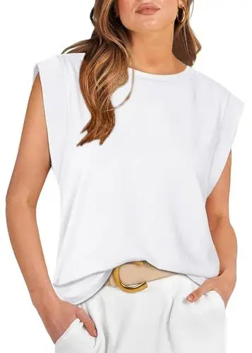 Produktbild: DUOEASE Shirts Damen Sommer Kurzarm Top Rundhals Oberteile Sommermode Shirts Locker Flügelärmel Basic T-shirts Weiße 2XL