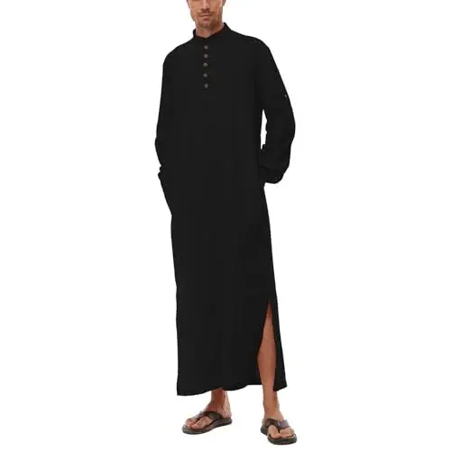 Produktbild: DUOLUVA Herren Kaftan Lang Leinen Thobe Herren Langarm Mens Kaftan Thobe Herren Schwarz L