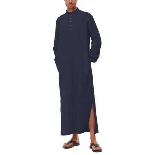 Produktbild: DUOLUVA Herren Muslim Kaftan Lang Thobe Mens Langarm Dunkelblau L