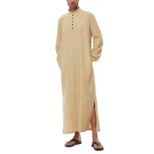 Produktbild: DUOLUVA Muslim Kaftan Herren Lang Sommer Thobe Mens Leinen Khaki M
