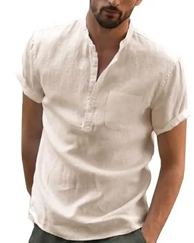 Produktbild: DUOLUVA Leinen Hemden Herren Kurzarm Stehkragen Sommer Shirt Männer Slim Fit Khaki M