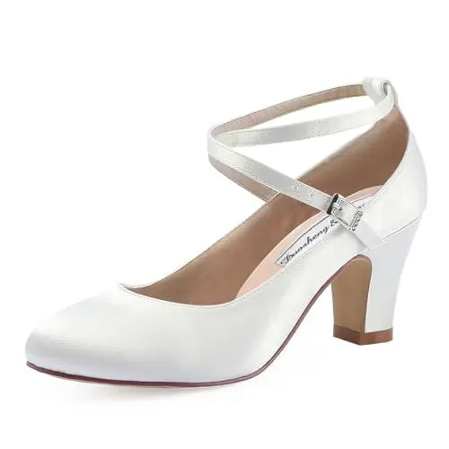 Produktbild: Duosheng & Elegant Brautschuhe Geschlossene Ivory Krause Riemchen Blockabsatz Pumps für Damen HC1808 Satin Hochzeit Abend Ivory Gr. 39