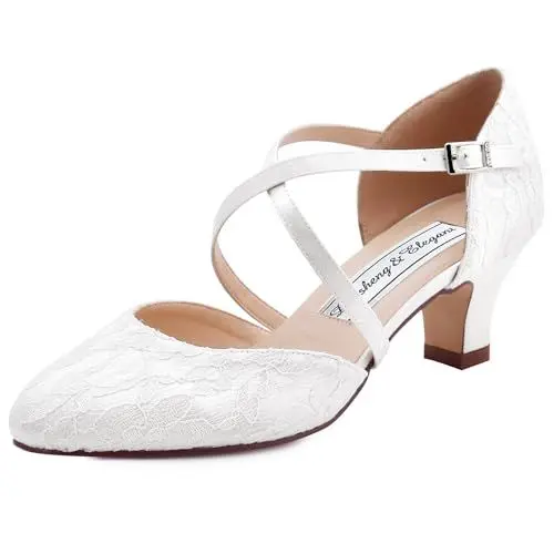 Produktbild: Duosheng & Elegant Geschlossene Zehen HC1920 Kreuz Bände Brautschuhe Schnalle für Damen Absatz Hochzeit Braut Spitze Schuhe mit Lace Ivory Gr. 37