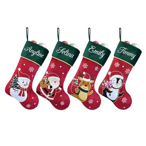 Produktbild: Duosheng & Elegant Personalisierte Weihnachtsstrümpfe Kamin Rot Grüne Weihnachtssocken für Familienfeier Weihnachtsdekoration 4 Pcs