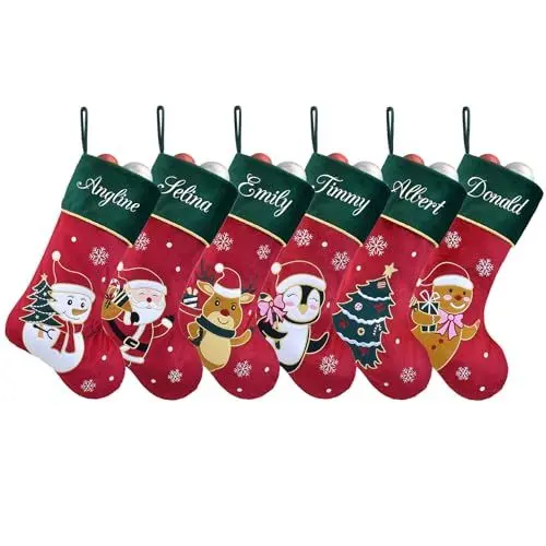 Produktbild: Duosheng & Elegant Personalisierte Weihnachtsstrümpfe Kamin Rot Grüne Weihnachtssocken für Familienfeier Weihnachtsdekoration 6 Pcs