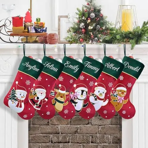 Produktbild: Duosheng & Elegant Personalisierte Weihnachtsstrümpfe Schneemann Kamin Weihnachtssocken für Familienfeier Rot Grüne Weihnachtsdekoration 1 Pc