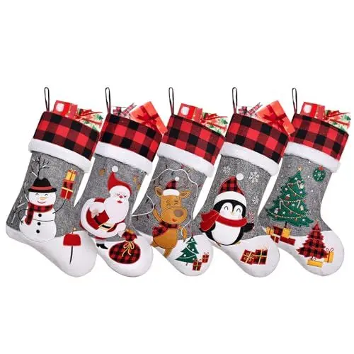 Produktbild: Duosheng & Elegant Weihnachtsstrümpfe 3 Stück Nikolausstrumpf Christmas Stocking Weihnachtssocken Strümpfe mit Pinguin Bär Hirsch Baum für Familie Kinder Urlaub Kamin 5 Stück