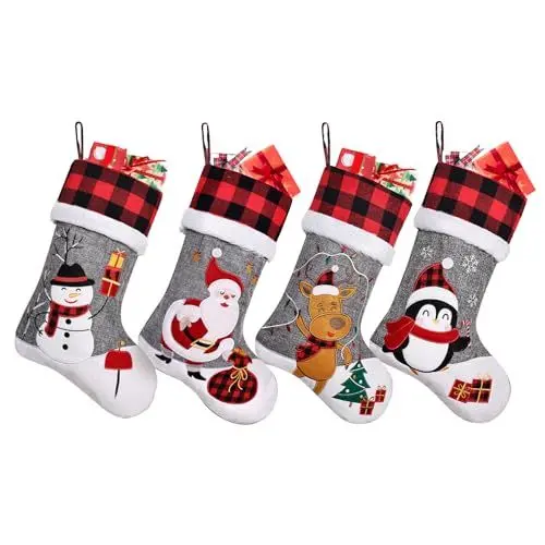 Produktbild: Duosheng & Elegant Weihnachtsstrümpfe 4 Stück Nikolausstrumpf Christmas Stocking Weihnachtssocken Strümpfe mit Pinguin Bär Hirsch Baum für Familie Kinder Urlaub Kamin 4 Stück