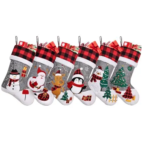 Produktbild: Duosheng & Elegant Weihnachtsstrümpfe Groß 50cm Nikolausstrumpf zum Befüllen für Kamin Christmas Stocking Leinen Weihnachtsstrumpf Set 6er Familie