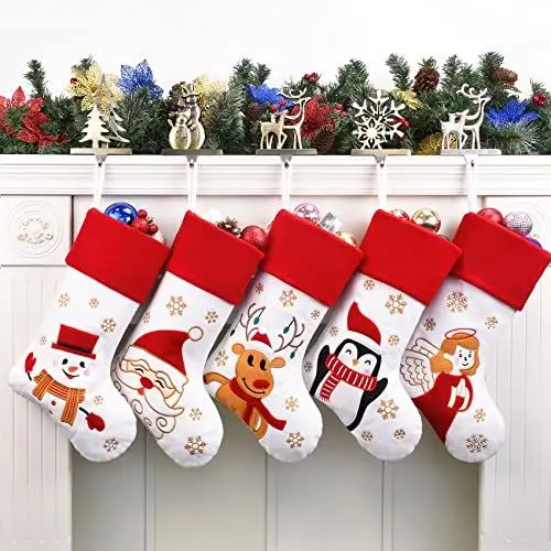 Produktbild: Duosheng & Elegant Weihnachtsstrumpf Weihnachts Gesenke Nikolausstrumpf Christmas Stockings Weihnachten Deko Weihnachtskamin Hängende Nikolausstrumpf Rot Weiß 5 Stück