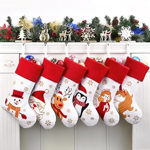 Produktbild: Duosheng & Elegant Weihnachtsstrumpf Weihnachts Gesenke Nikolausstrumpf Christmas Stockings Weihnachten Deko Weihnachtskamin Hängende Nikolausstrumpf Rot Weiß 6 Stück