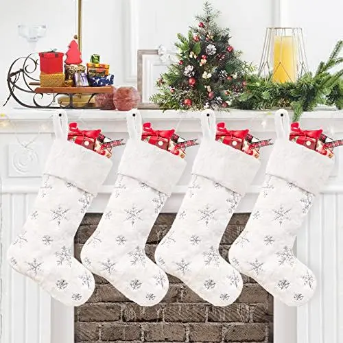 Produktbild: Duosheng & Elegant Weihnachtsstrumpf mit Christmas Stockings Fur Schneeflocke Sequin Weihnachten Deko Geschenkebeutel Weihnachtskamin Hängende Nikolausstrumpf Weiß 4 Stück