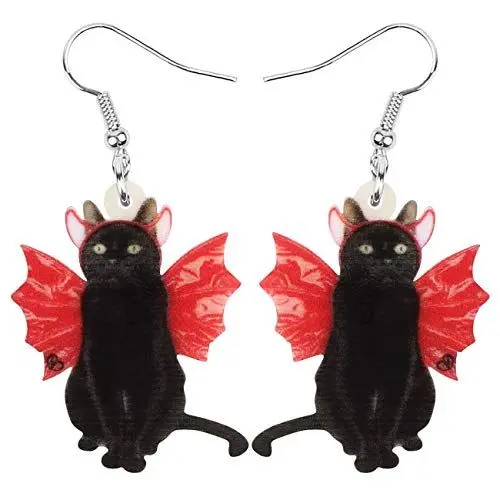 Produktbild: DUOWEI Acryl Halloween Schwarz Totenkopf Katze Ohrringe Baumeln Schmuck für Damen Mädchen Geschenke Dekoration (Rot)
