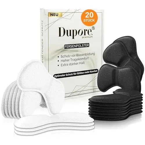Produktbild: DUPORE 20x Premium Fersenpolster Schuheinlagen - Selbstklebender Fersenschutz – Anti-Rutsch Fersenpolster für Schuhe - Fersenschutz Pumps High Heels - Fersenkissen Gel gegen Blasen & Reibung