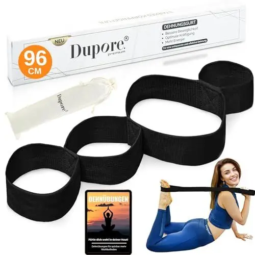 Produktbild: DUPORE 96 cm Yogagurt mit 4 Schlaufen & Dehnübungen - stabiles Dehnungsband mit 4 Schlaufen für Engpassdehnung - Stretchgurt für effiziente Schmerztherapie - Fitness Band Yoga Gurt Baumwolle